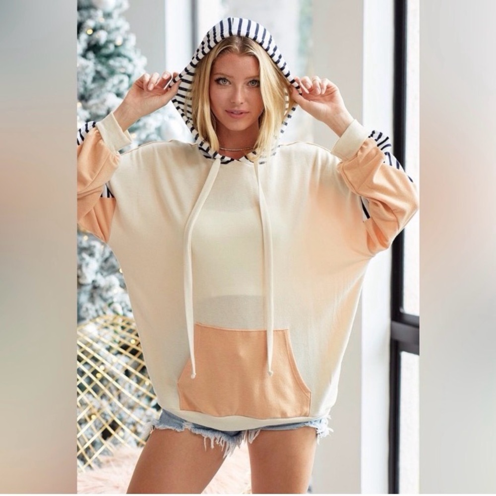 BiBi Cream and Tan Striped Oversized Hooded Sweatshirt